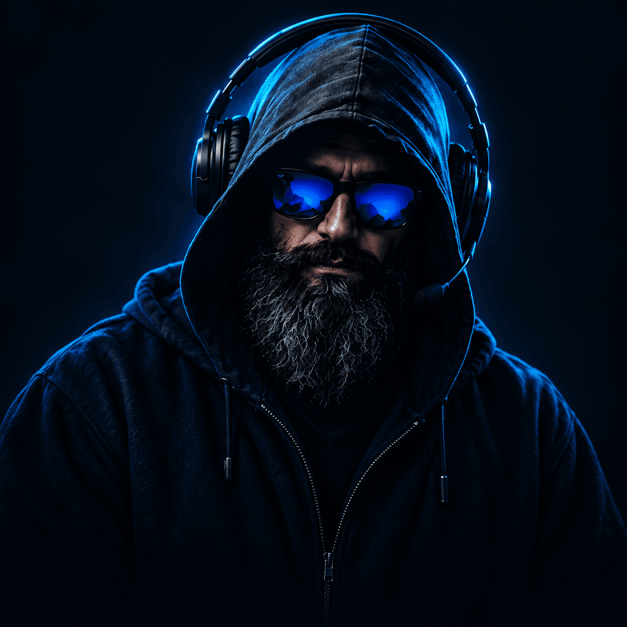 Profeta Logado com capuz, barba, óculos azuis e headset, iluminado em azul.
